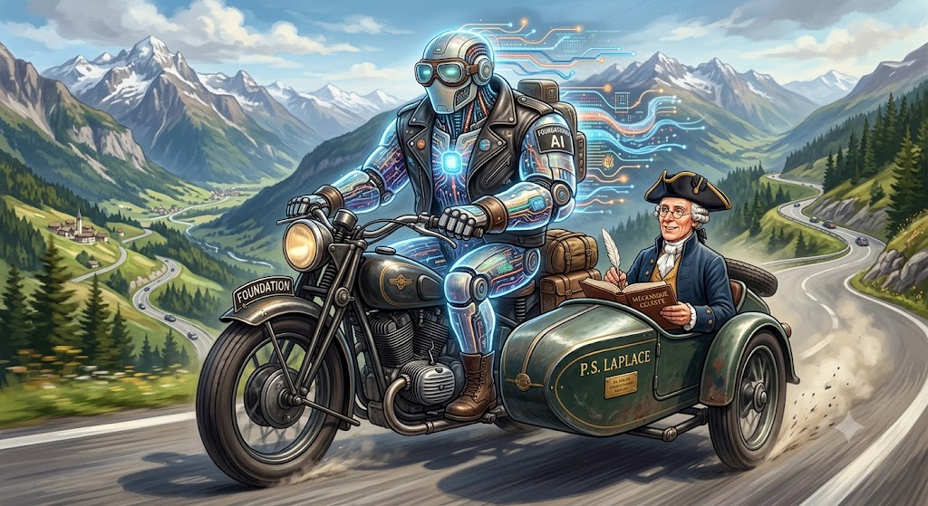 A foundation-model AI rides a motorcycle marked FOUNDATION through an alpine pass while
             Pierre-Simon Laplace, in period dress with his Mecanique Celeste, rides in the attached
             sidecar marked P.S. LAPLACE.